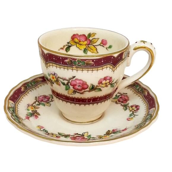 Grindley Demitasse Cup Saucer English China Vintage Floral Pink Red Pattern - Picture 4 of 14
